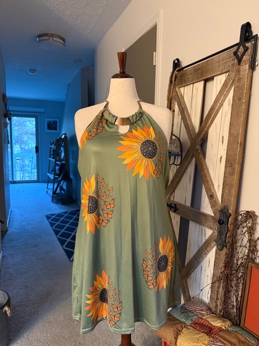 Green Sunflower Halter Dress